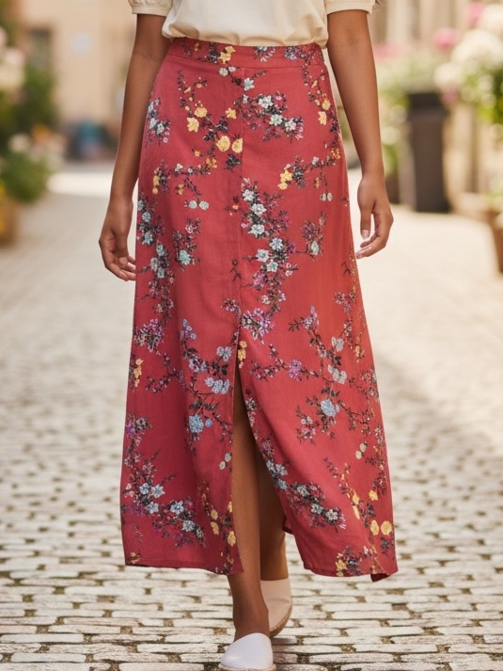 Xhilaration Rust Floral Button-Front Maxi Skirt